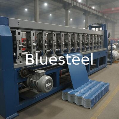 鋼板瓦生産用 18-20 ローラーステーション 5KW チェーン駆動油圧切断金属屋根ロール成形機